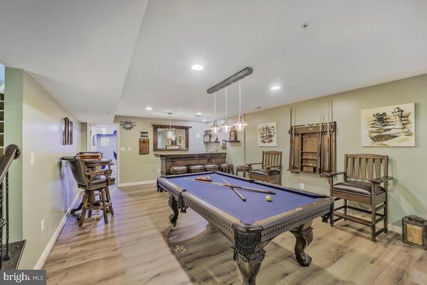 Billiard Table, Game Room, Interior, Pendant Lights, Recessed Lighting, Wood Texture Flooring