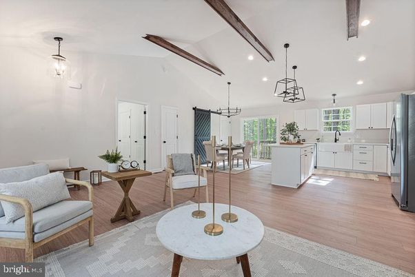 Dining room, Interior, Kitchen, Pendant Lights, Recessed Lighting, Stainless Steel Appliances, Wooden Beams, Wood Texture Flooring