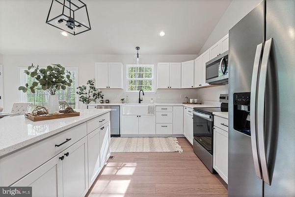 Interior, Kitchen, Pendant Lights, Recessed Lighting, Stainless Steel Appliances, Wood Texture Flooring