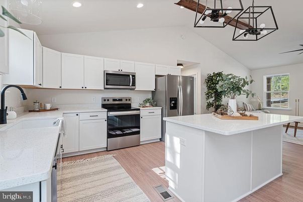 Interior, Kitchen, Pendant Lights, Recessed Lighting, Stainless Steel Appliances, Wood Texture Flooring