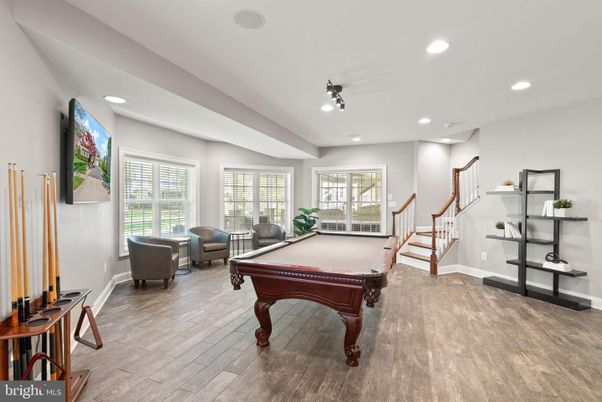 Billiard Table, Game Room, Interior, Recessed Lighting, Wood Texture Flooring