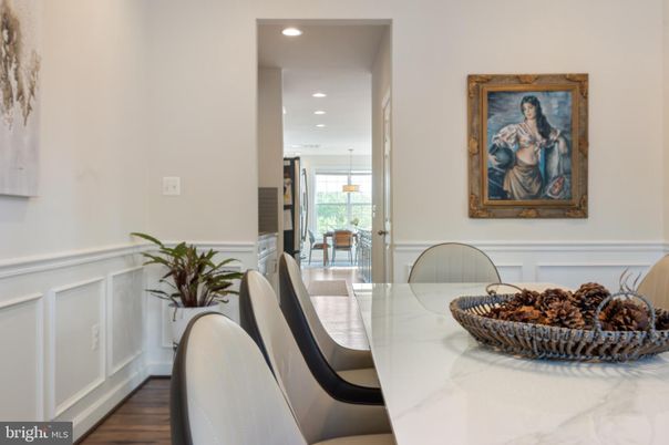 Dining room, Interior, Pendant Lights, Recessed Lighting, Wood Texture Flooring