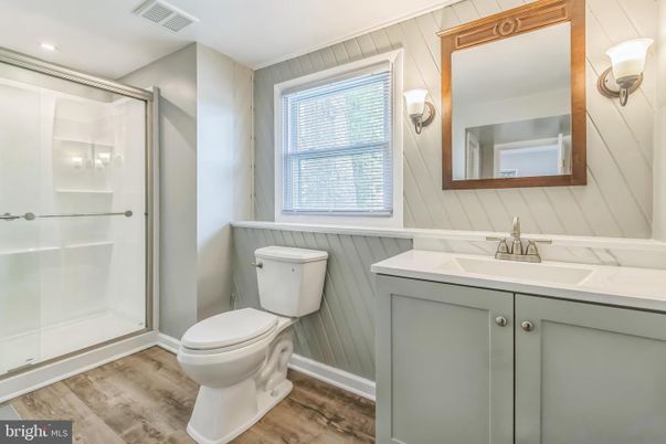Bathroom, Glass Shower, Interior, Recessed Lighting, Wood Texture Flooring