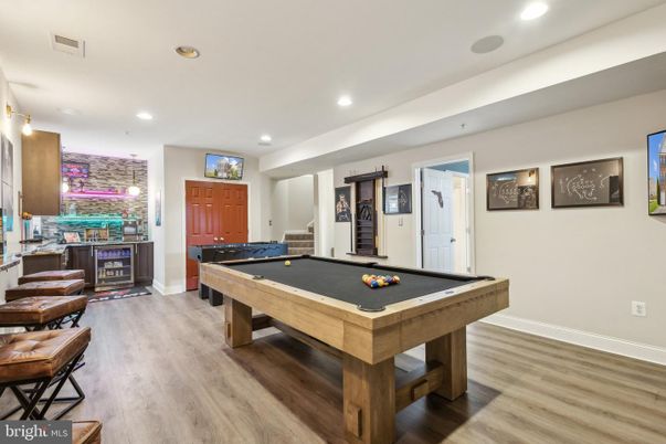 Billiard Table, Game Room, Interior, Recessed Lighting, Wood Texture Flooring