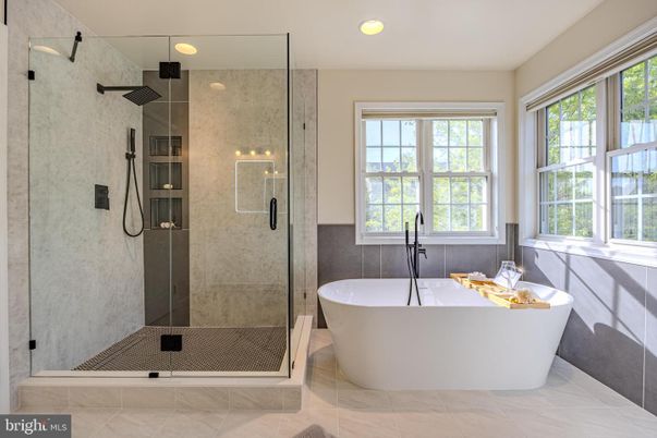 Bathroom, Free Standing Baths, Glass Shower, Interior, Marble Walls, Recessed Lighting
