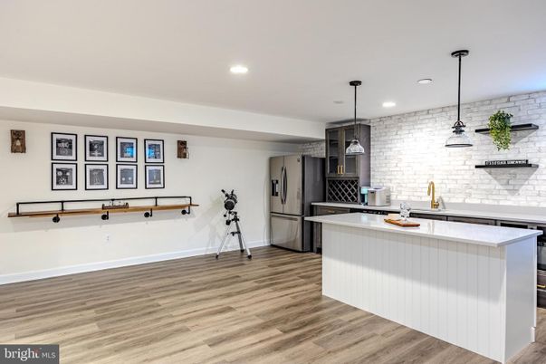 Interior, Kitchen, Pendant Lights, Recessed Lighting, Stone Walls, Wood Texture Flooring
