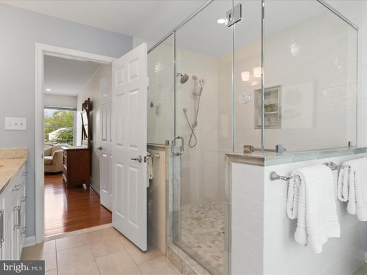 Bathroom, Glass Shower, Interior, Recessed Lighting, Wood Texture Flooring