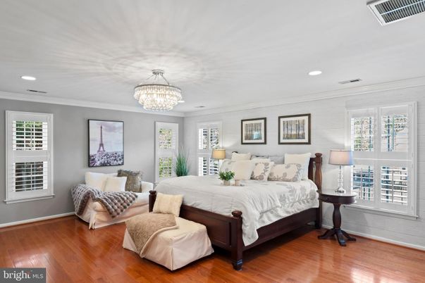 Bedroom, Chandelier, Interior, Recessed Lighting, Wood Texture Flooring