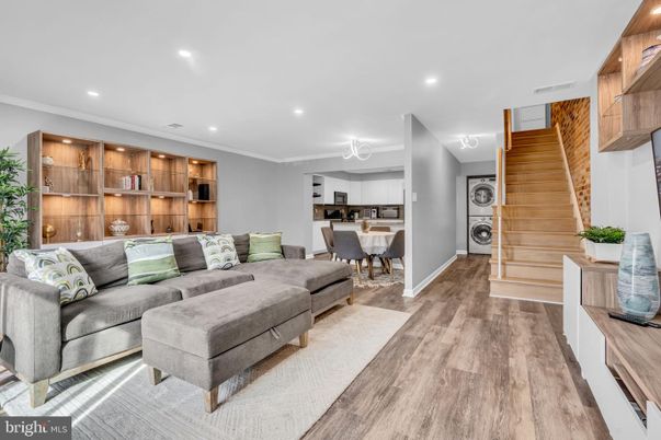 Dining room, Interior, Kitchen, Living room, Recessed Lighting, Wood Texture Flooring