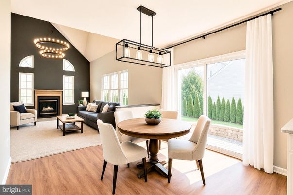 Dining room, Fireplace, Interior, Living room, Pendant Lights, Wood Texture Flooring