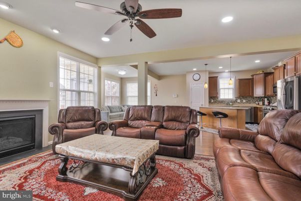 Fireplace, Interior, Kitchen, Living room, Pendant Lights, Recessed Lighting, Wood Texture Flooring