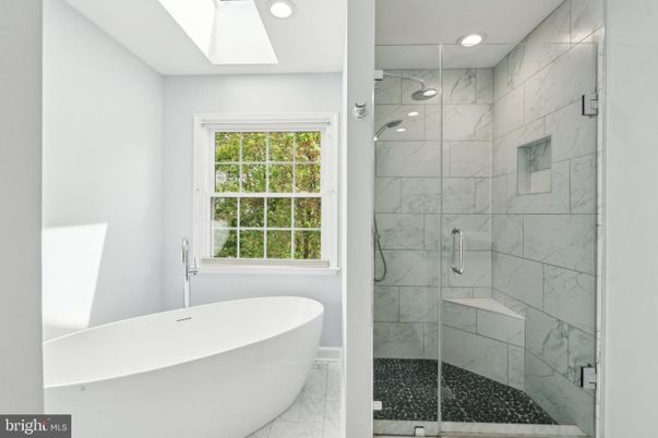 Bathroom, Free Standing Baths, Glass Shower, Interior, Marble, Marble Walls, Recessed Lighting