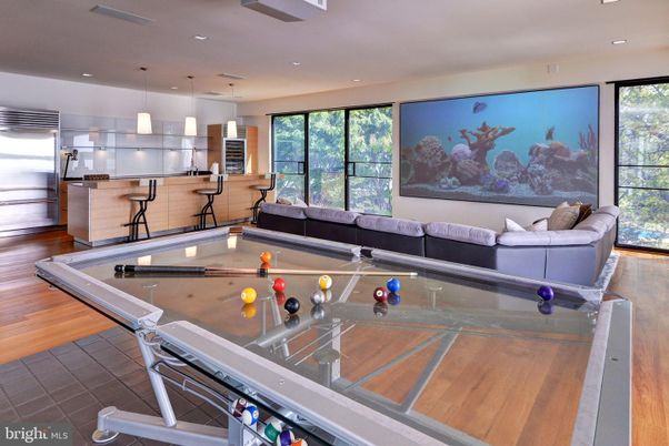 Billiard Table, Game Room, Interior, Living room, Pendant Lights, Recessed Lighting, Wood Texture Flooring