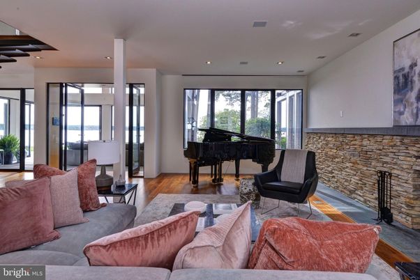 Interior, Living room, Piano, Recessed Lighting, Stone Walls, Wood Texture Flooring