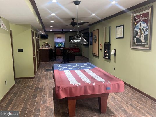 Billiard Table, Game Room, Interior, Pendant Lights, Recessed Lighting, Wood Texture Flooring