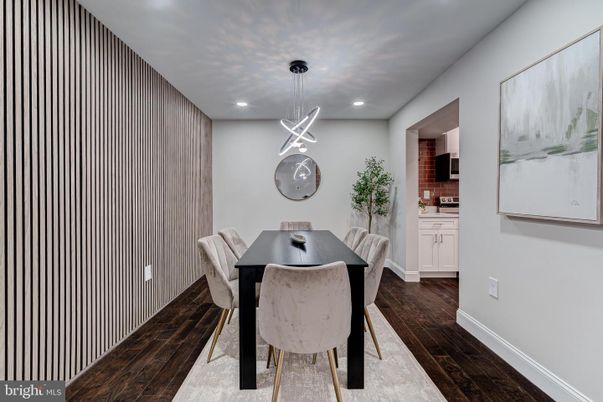 Dining room, Interior, Pendant Lights, Recessed Lighting, Wood Texture Flooring