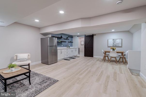 Dining room, Interior, Kitchen, Recessed Lighting, Stainless Steel Appliances, Wood Texture Flooring
