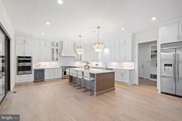 Chandelier, Interior, Kitchen, Pendant Lights, Recessed Lighting, Stainless Steel Appliances, Wood Texture Flooring