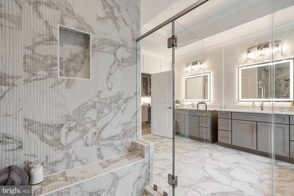 Bathroom, Dual Sink Vanities, Glass Shower, Interior, Marble, Marble Walls, Pendant Lights