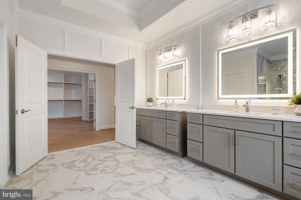 Bathroom, Dual Sink Vanities, Interior, Marble, Walk-in Closets, Wood Texture Flooring