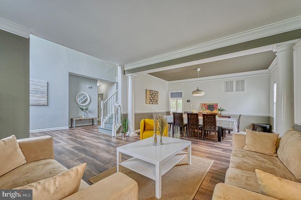 Dining room, Interior, Living room, Pendant Lights, Wood Texture Flooring