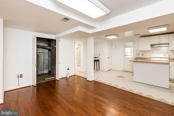 Interior, Kitchen, Tile Countertops, Wood Texture Flooring