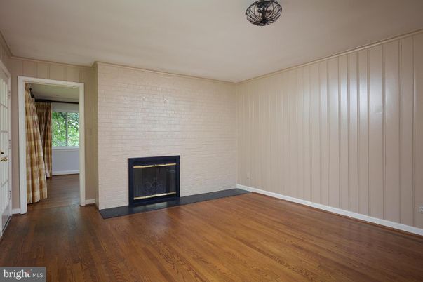 Empty room, Fireplace, Interior, Stone Walls, Wood Texture Flooring