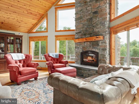 Fireplace, Interior, Living room, Stone Walls, Wooden Ceilings, Wood Texture Flooring