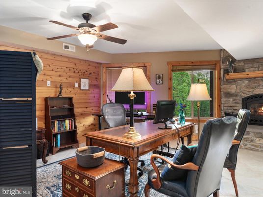 Fireplace, Home Office, Interior, Wooden Walls