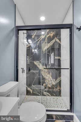 Bathroom, Glass Shower, Interior, Marble Walls, Recessed Lighting