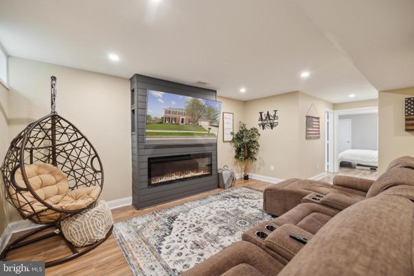 Home Theatre Room, Fireplace, Interior, Living room, Recessed Lighting, Wood Texture Flooring