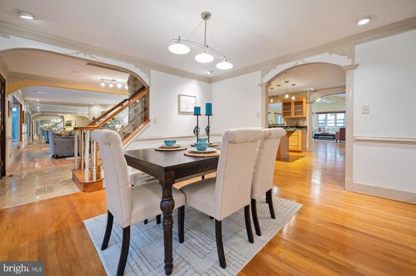 Dining room, Interior, Pendant Lights, Recessed Lighting, Wood Texture Flooring