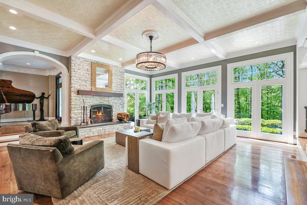 Fireplace, Interior, Living room, Piano, Recessed Lighting, Stone Walls, Wood Texture Flooring