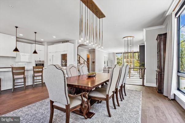 Dining room, Interior, Kitchen, Pendant Lights, Recessed Lighting, Wood Texture Flooring
