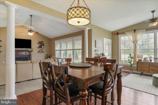 Dining room, Fireplace, Interior, Living room, Wood Texture Flooring