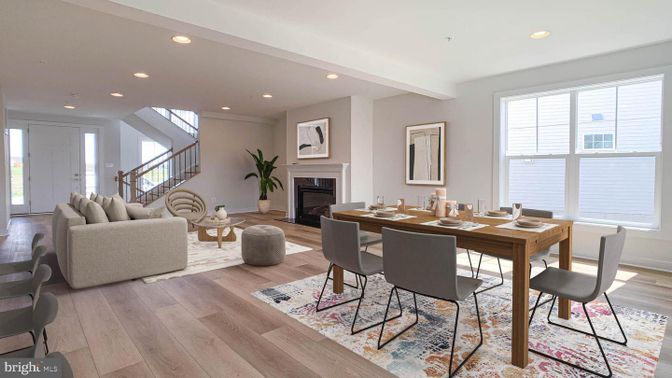 Dining room, Fireplace, Interior, Living room, Recessed Lighting, Wood Texture Flooring