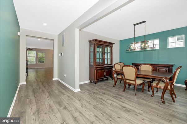 Dining room, Interior, Pendant Lights, Recessed Lighting, Wood Texture Flooring
