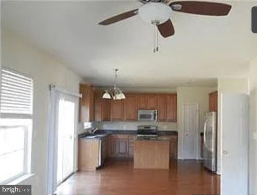 Chandelier, Interior, Kitchen, Stainless Steel Appliances, Wood Texture Flooring