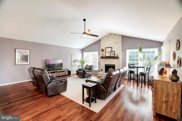 Dining room, Fireplace, Interior, Living room, Stone Walls, Wood Texture Flooring