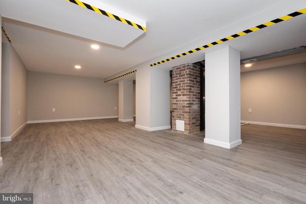 Empty room, Interior, Recessed Lighting, Stone Walls, Wood Texture Flooring