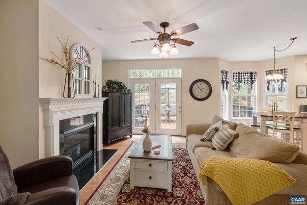 Dining room, Fireplace, Interior, Living room, Pendant Lights, Wood Texture Flooring