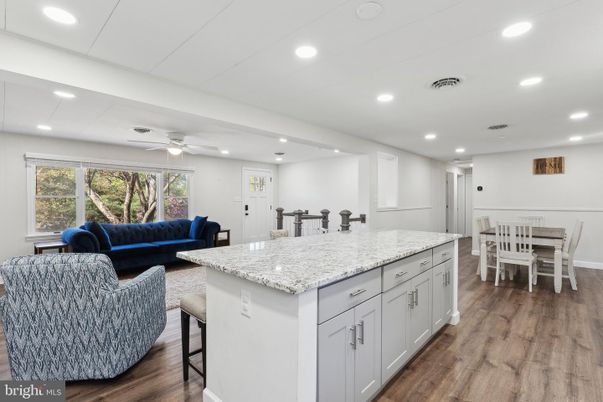 Dining room, Interior, Living room, Recessed Lighting, Wood Texture Flooring