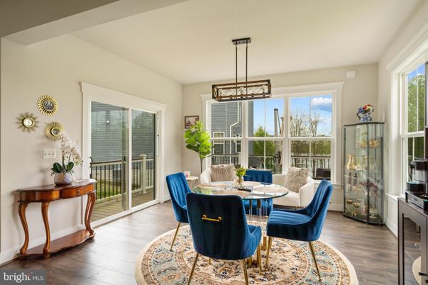 Dining room, Interior, Pendant Lights, Wood Texture Flooring