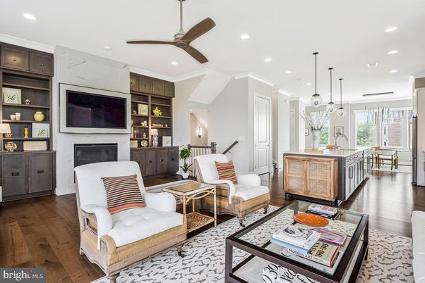 Fireplace, Interior, Kitchen, Living room, Pendant Lights, Recessed Lighting, Wood Texture Flooring