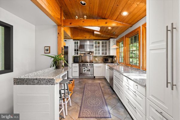 Interior, Kitchen, Pendant Lights, Recessed Lighting, Stainless Steel Appliances, Wooden Beams, Wooden Ceilings