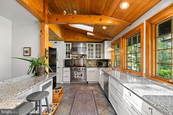 Interior, Kitchen, Pendant Lights, Recessed Lighting, Stainless Steel Appliances, Wooden Beams, Wooden Ceilings