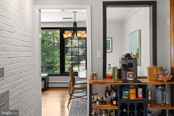 Dining room, Interior, Pendant Lights, Stone Walls, Wood Texture Flooring
