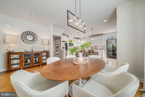 Dining room, Interior, Kitchen, Pendant Lights, Recessed Lighting, Wood Texture Flooring