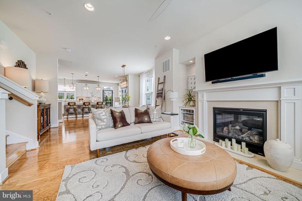 Dining room, Fireplace, Interior, Kitchen, Living room, Pendant Lights, Recessed Lighting, Wood Texture Flooring