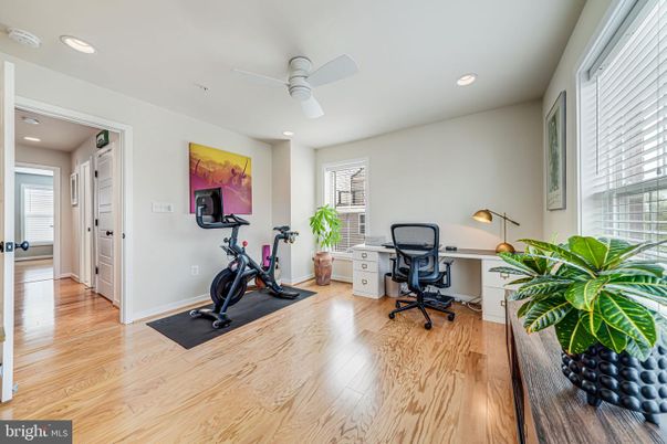 Fitness Equipment, Home Office, Interior, Recessed Lighting, Wood Texture Flooring
